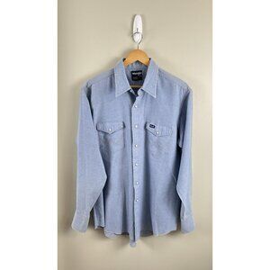 Wrangler Vtg Shirt Mens Blue Chambray Pearl Snap Western X-Long Tails 17 1/2-36